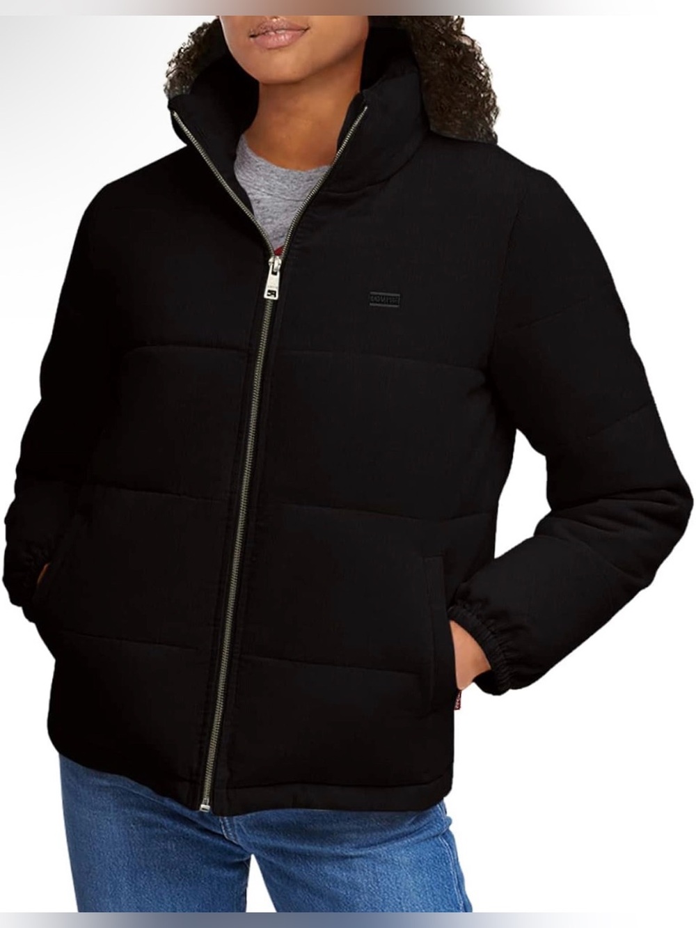 Levi's Women's Zoe Corduroy Puffer Jacket Black Elastic Waist Mock Neck